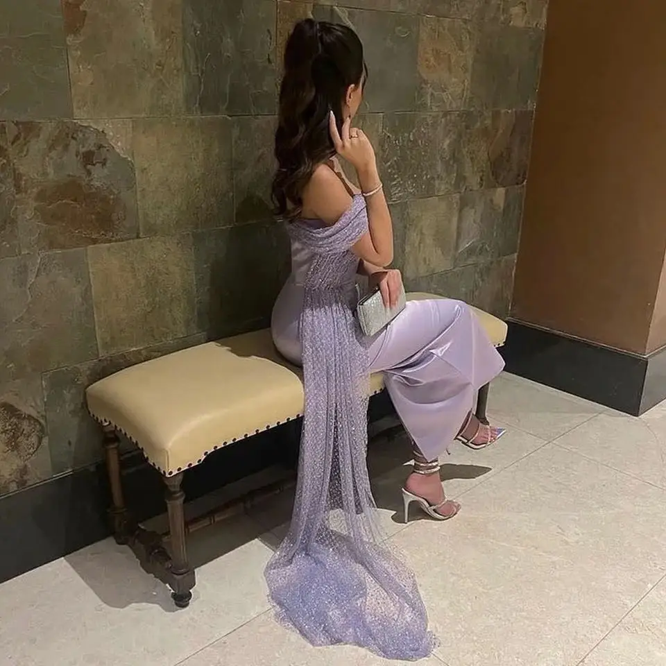 Arabic Women Evening Dresses Off the Shoulder Glitter Ankle Length Prom Gowns Formal Party Dress