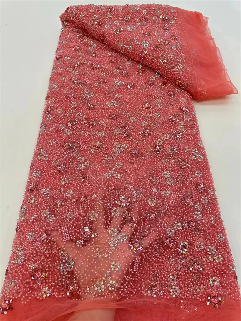 

Coral Crysta Pearls Sequins Beads Embroidery African French Wedding Bridal Dress High Quality 5 Yards Beaded Lace Fabric Luxury