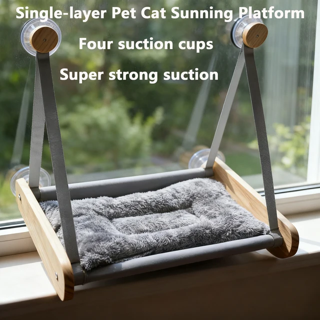 Wooden Cat Hammock with Suction Cups, Wall Mounted Sunning Lounge with Plush Pad - Cozy Hanging Bed for Indoor Cats Wooden Cat Hammock with Suction Cups, Wall Mounted Sunning Lounge with Plush Pad - Cozy Hanging Bed for Indoor Cats