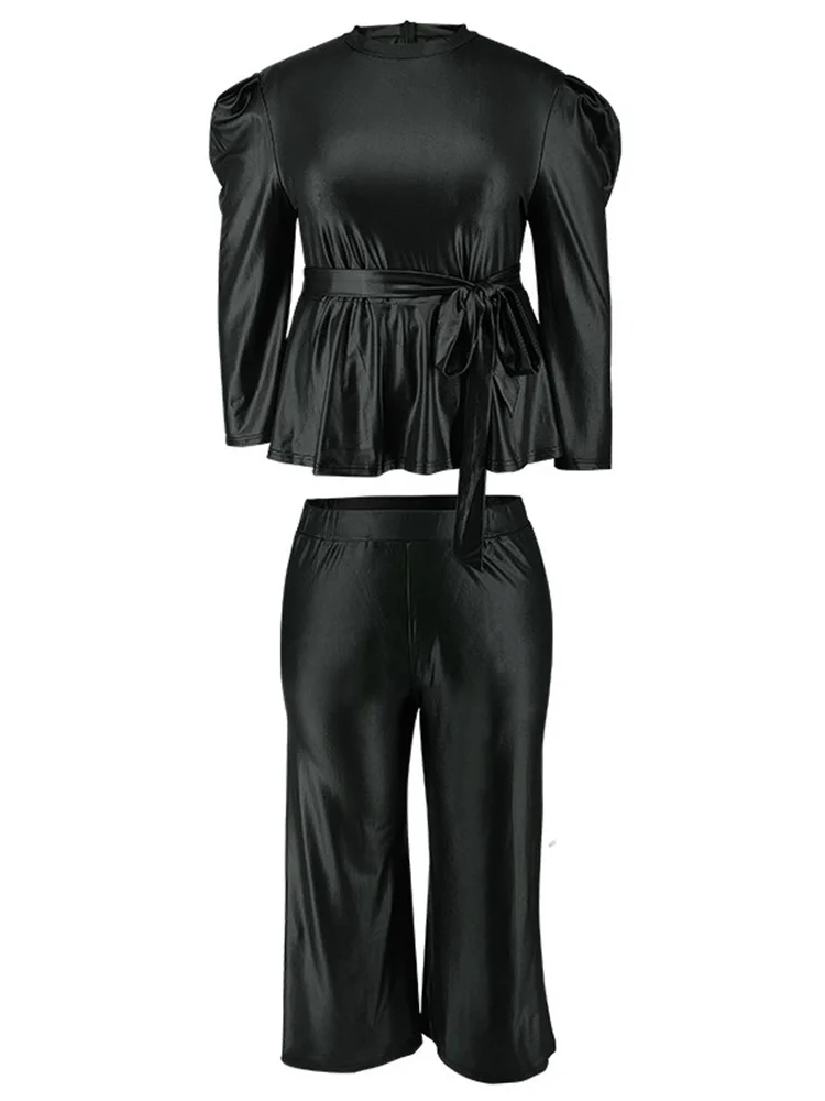 Wmstar PU Two Piece Sets Plus Size Women Crop Top Pants Matching Sets Cool Casual Fashion Fall Clothes Wholesale Dropshipping