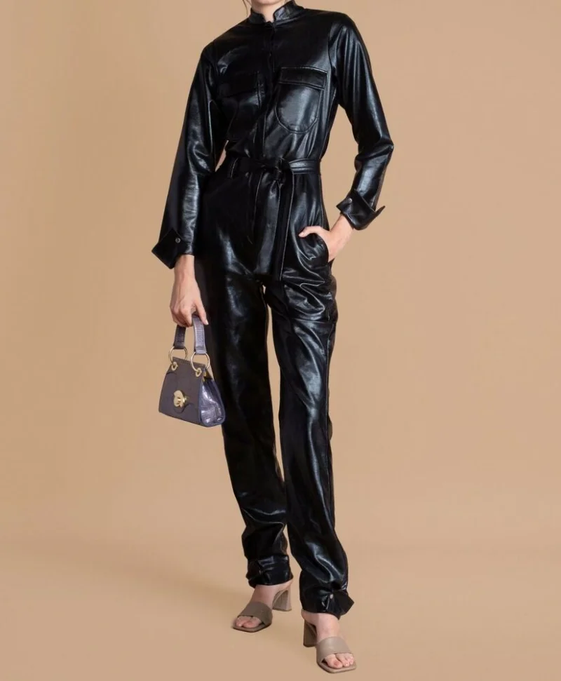 

Women Coal Leather Spring Sheep Leather Catsuit Jumpsuit