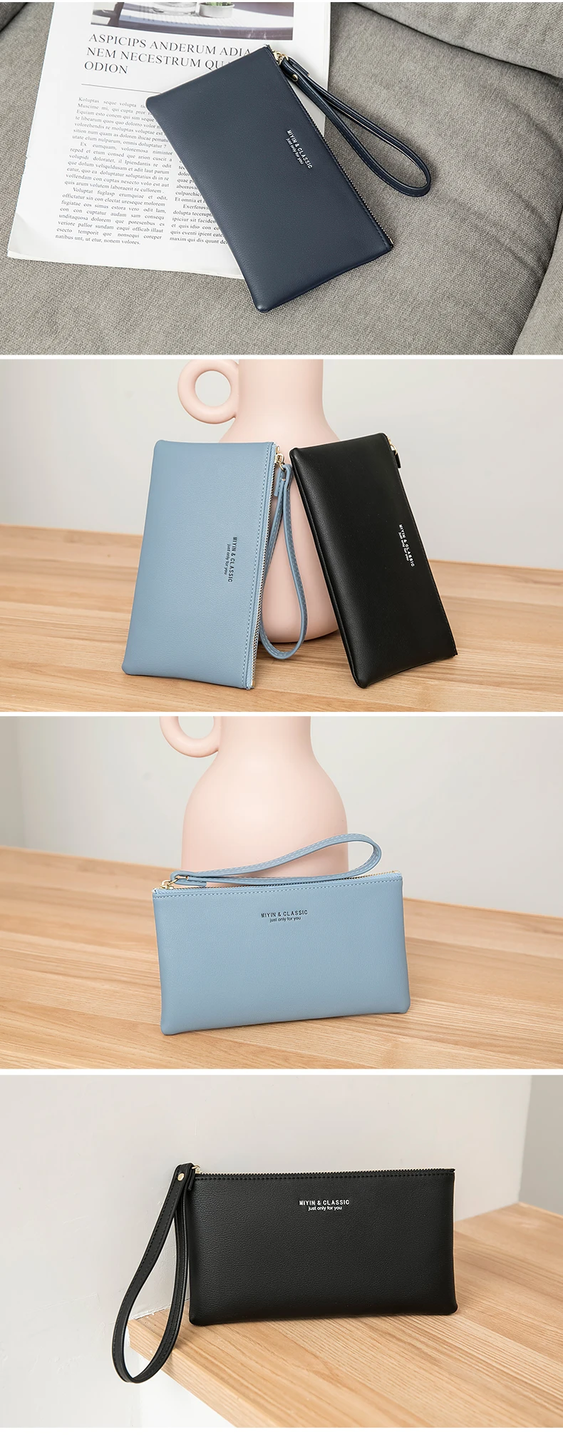 Einfache einfarbige dünne lange Brieftasche aus PU-Leder mit großer Kapazität und Reißverschluss, klassische Mode-Damenhandtasche, bietet Platz für Mobiltelefone – Detail 10
