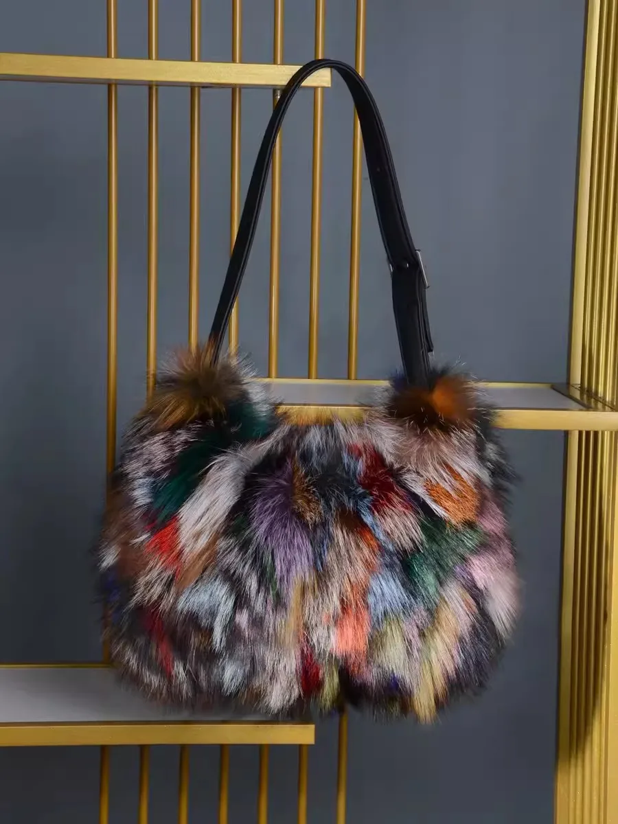 Women Winter Real Fox Fur Handbag Luxury Genuine Fur Party Bag Tote Designer High Quality Real Silver Fox Fur Handbags Female
