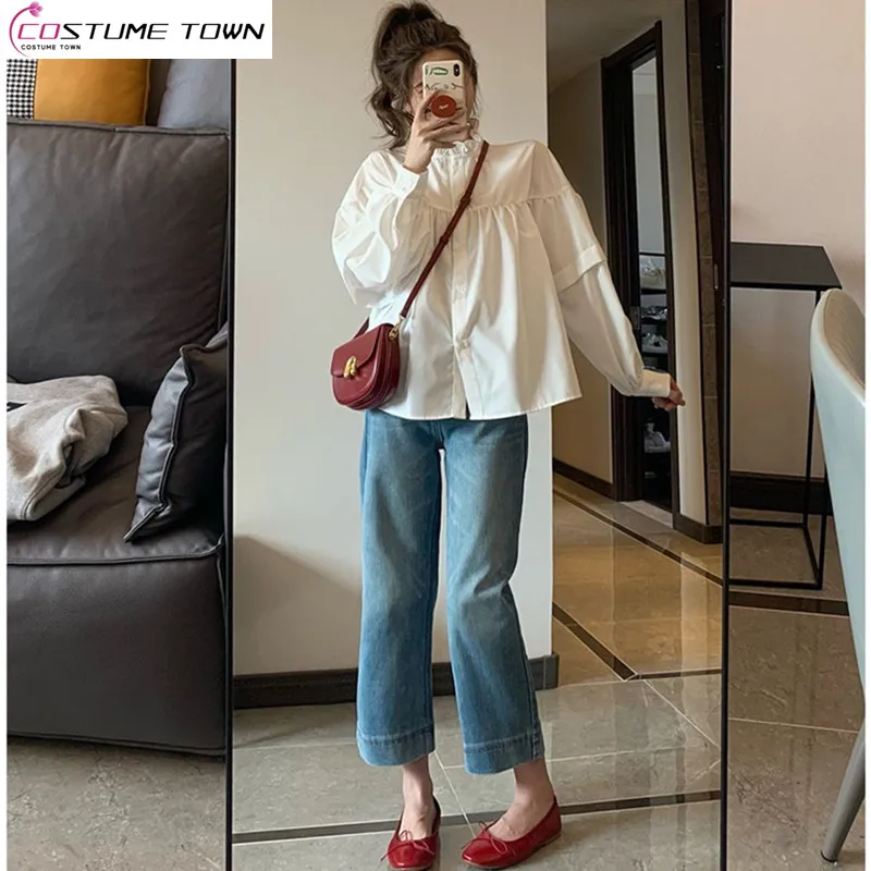 2023 Spring/Summer New White French Top Jeans Small Sweet Temperament Age Reducing Women's Two Piece Set