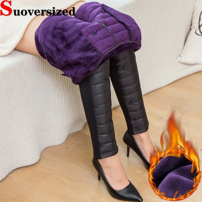 

Winter Embroidery Pencil Pants Thicken Down Cotton Skinny Trousers Elastic High Waist Slim Pantalones Warm Plush Lined Pantalon