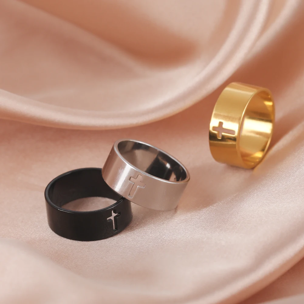 Bibelvers Hohlkreuz Frauen Fingerring Edelstahl Gold Stahl Schwarz Farbe Christian Jesus Männer Schmuck Geschenk Eheringe