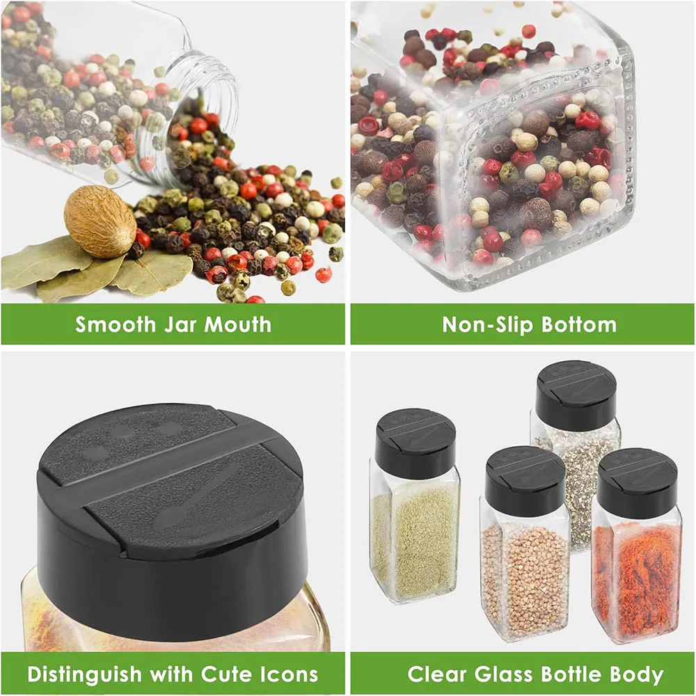 Glass Spice Jars with Labels,4oz Spices Containers Spice Jars with Black Shaker Lids,Empty Containers for Spice, Silicone Funnel 3
