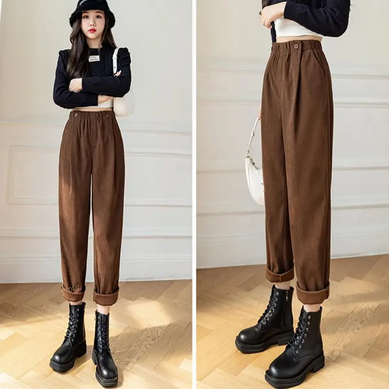 2022 Rimocy Autumn Casual Corduroy Women's Pants Winter High Waisted Loose Trousers Female Solid Wide Leg Streetwear Pants Woman