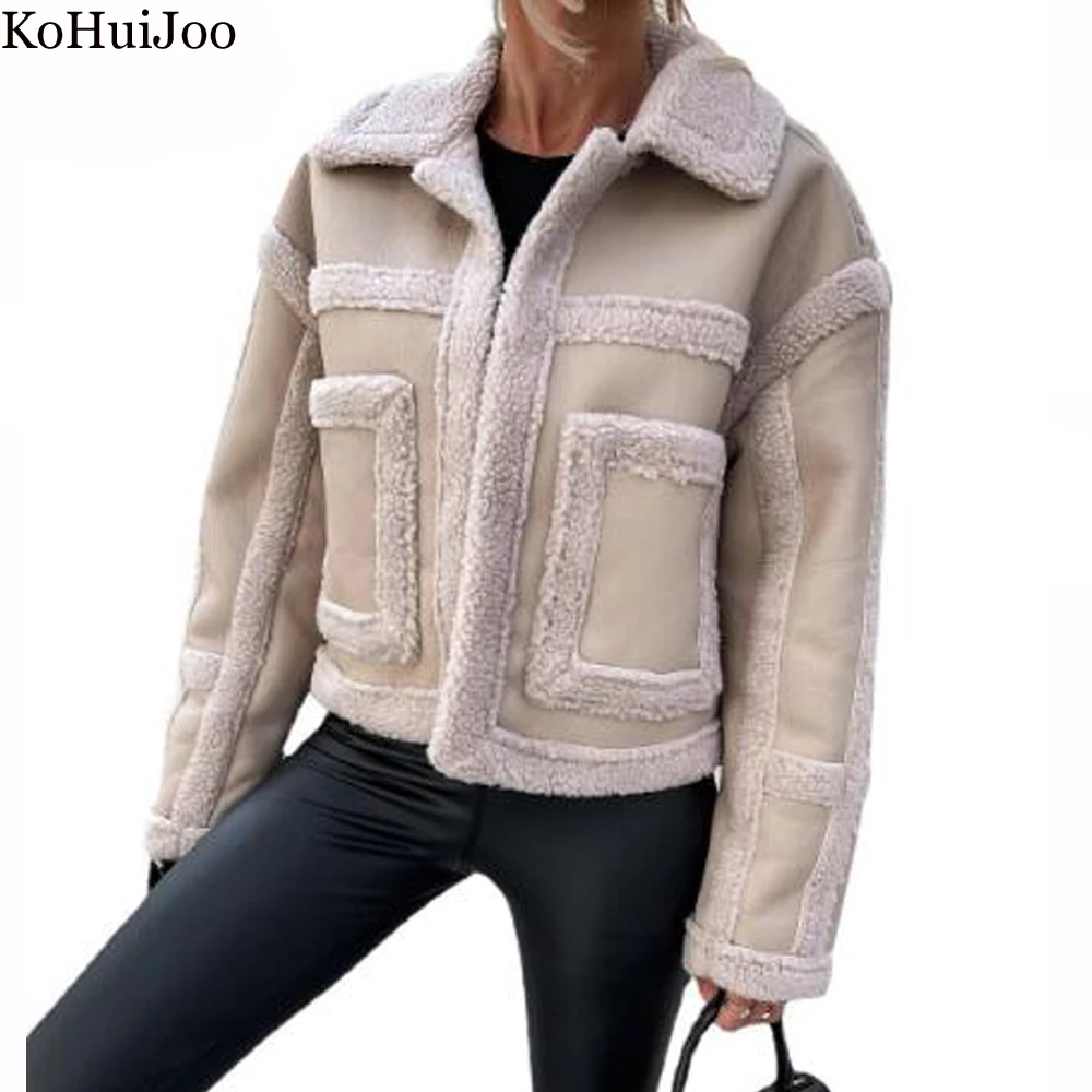 

KoHuiJoo Winter Sued Jacket Women Thick Warm Fashion Zipper Motorcycle Lambs Wool Coat Spliced Fur Female Shearling Outerwear