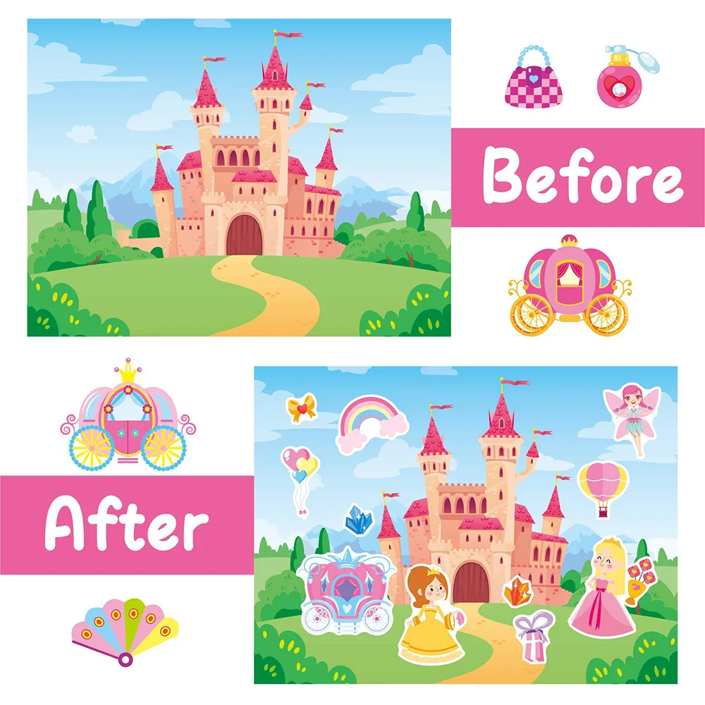 스티커 활동북 테마로 자신만의 재미있는 농장, 성, 동물원, 귀여운 동물, 공주, 유니콘, 자동차를 만들어 보세요. 여행, 생일을 위한 스티커입니다.