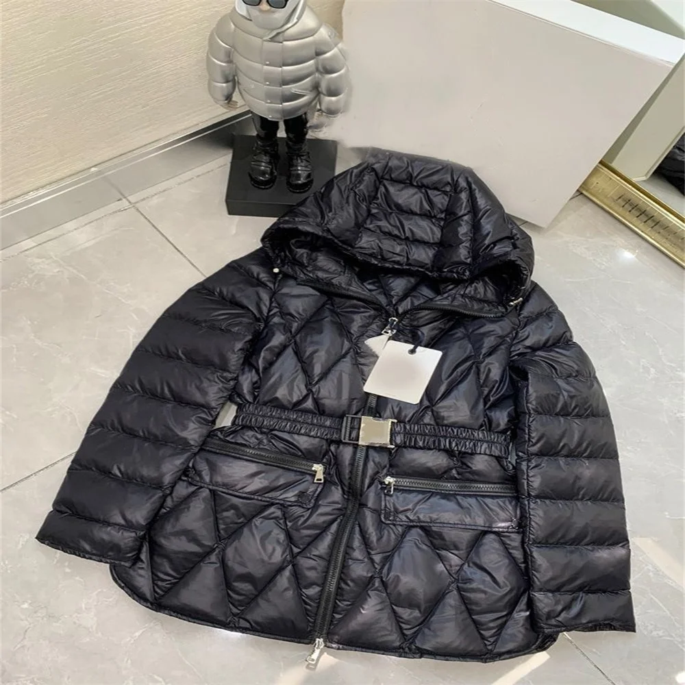 

2023 High end minimalist hooded casual waistband white duck down diamond grid down women's warm jacket