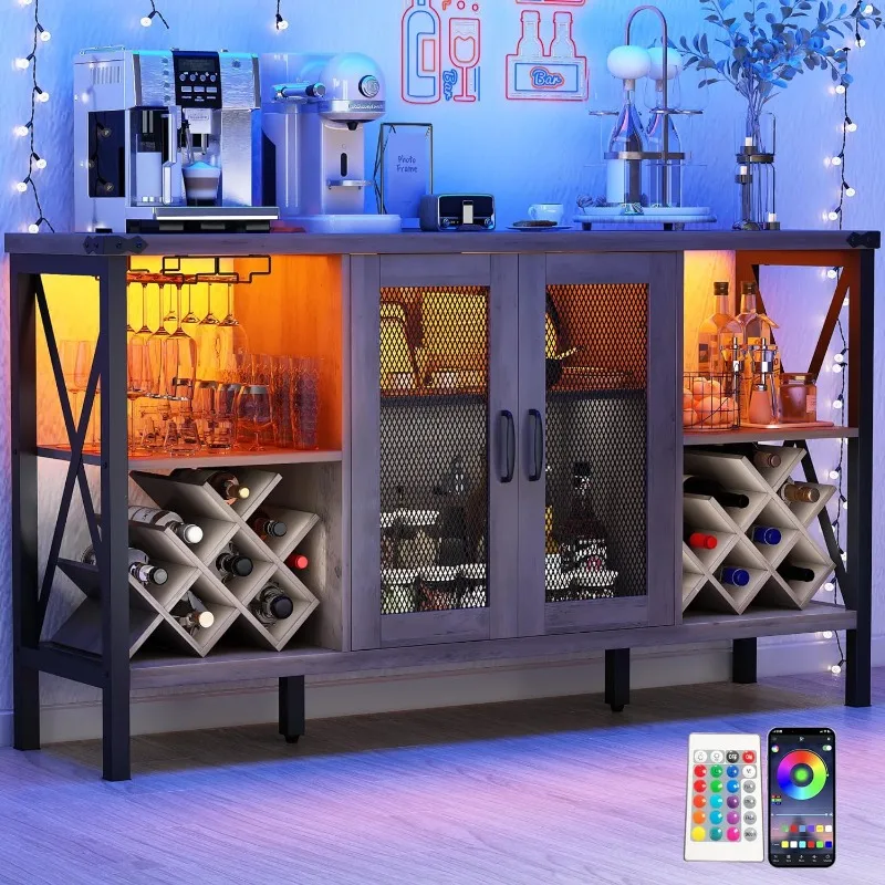 

jiteentarou 55" Industrial LED Bar Cabinet w/Outlet&160,000 Color Lights,Rustic Liquor Coffee Bar w/Removable Wine Rack