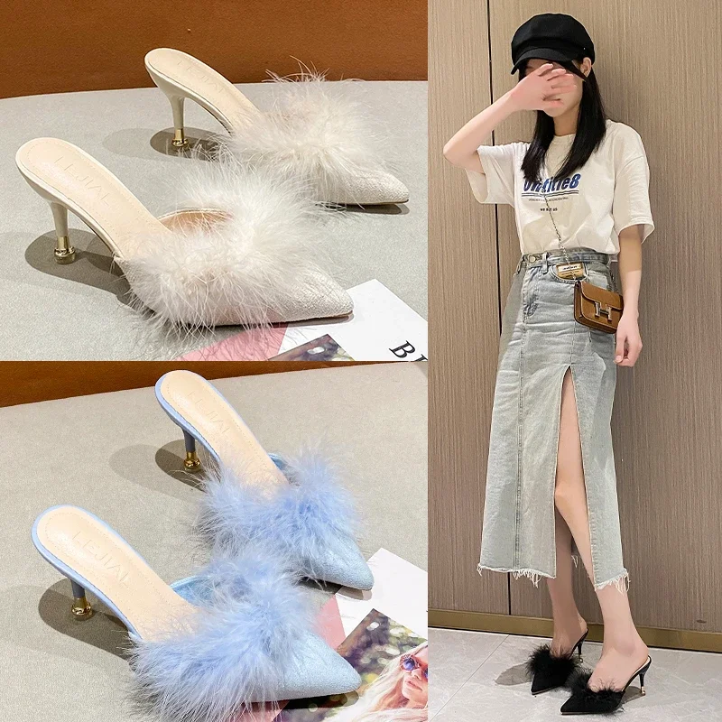 Woman Pumps Heel Slippers Pointed Toe Slip on Fur High Heels Summer Slides