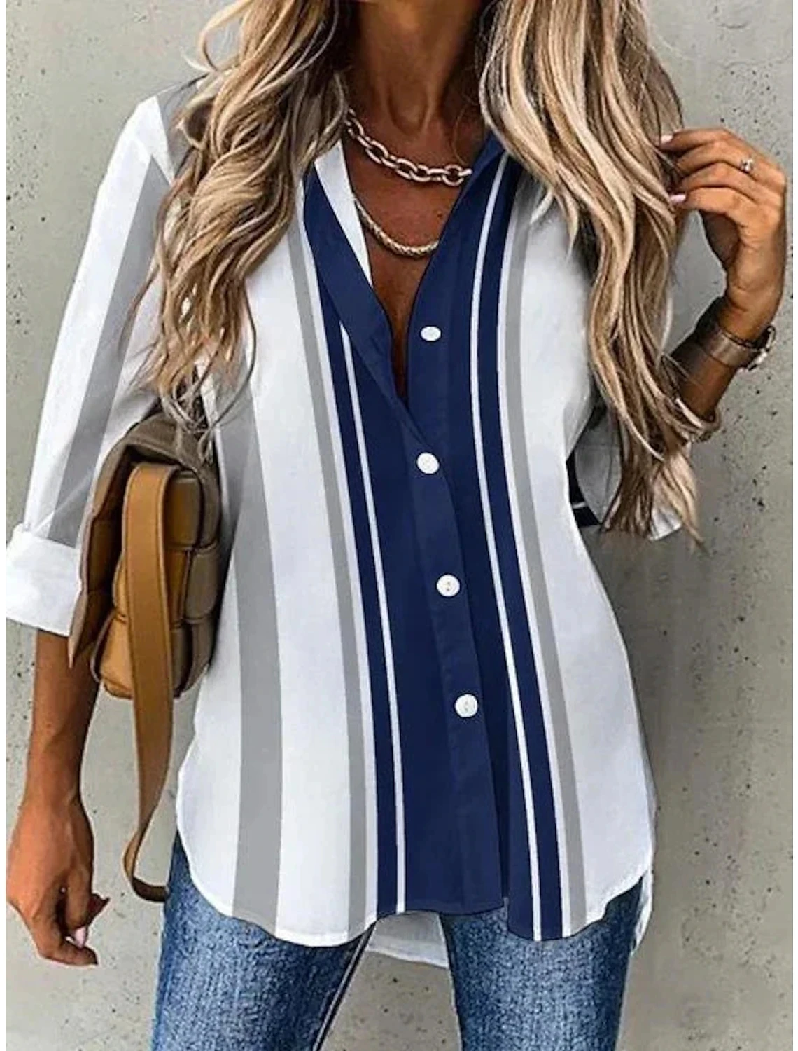 Camisa a rayas azules y blancas para mujer, Top holgado de manga
