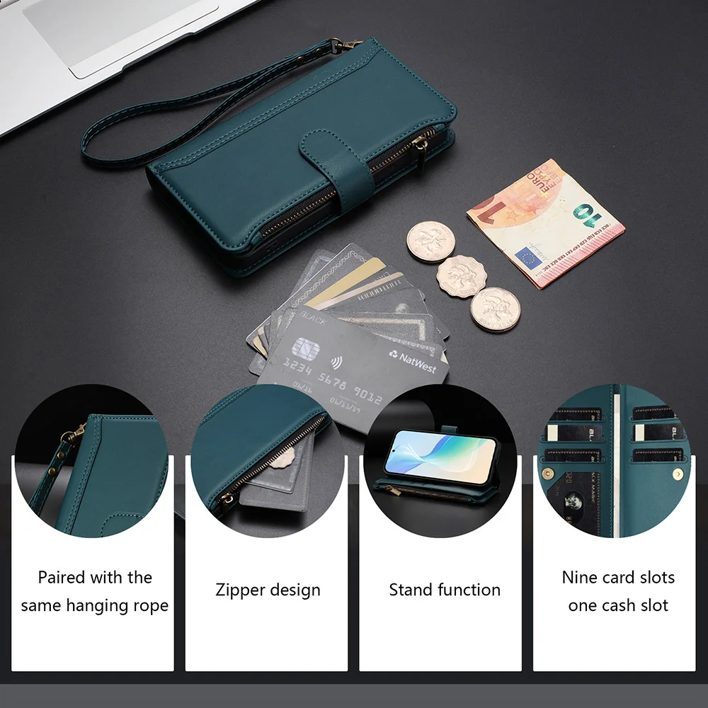 Leather Crossbody Card Wallet Phone Cover with Wrist Strap