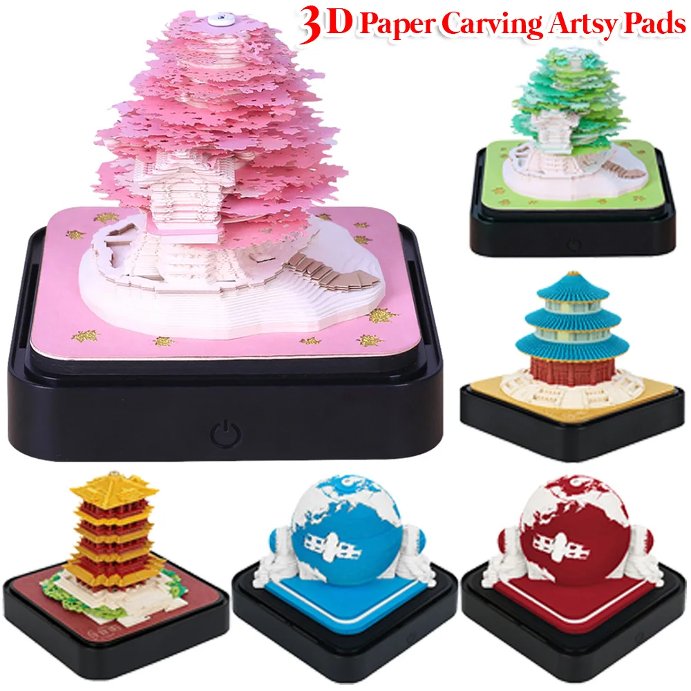 DIY Paper Carving Artsy Pads with LED Lights 2024 Desk Calendar Battery  Powered 3D Notepad Sakura Treehouse House Sculpture Gift