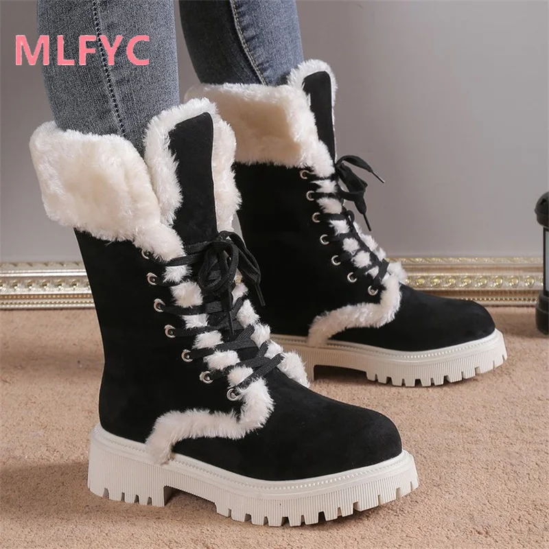 Women's Large New Thick Sole Mid Sleeve Lace Up Snow Boots Women's Vintage Plush Thickened Cotton Shoes