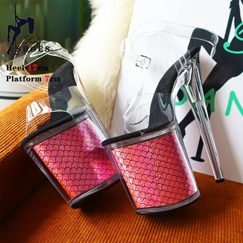 High-quality 17CM/7inches Women Sandals Stripper High Heel Shoes Transparent Platform Glitter Stiletto Pole Dance Shoes Wedding 6