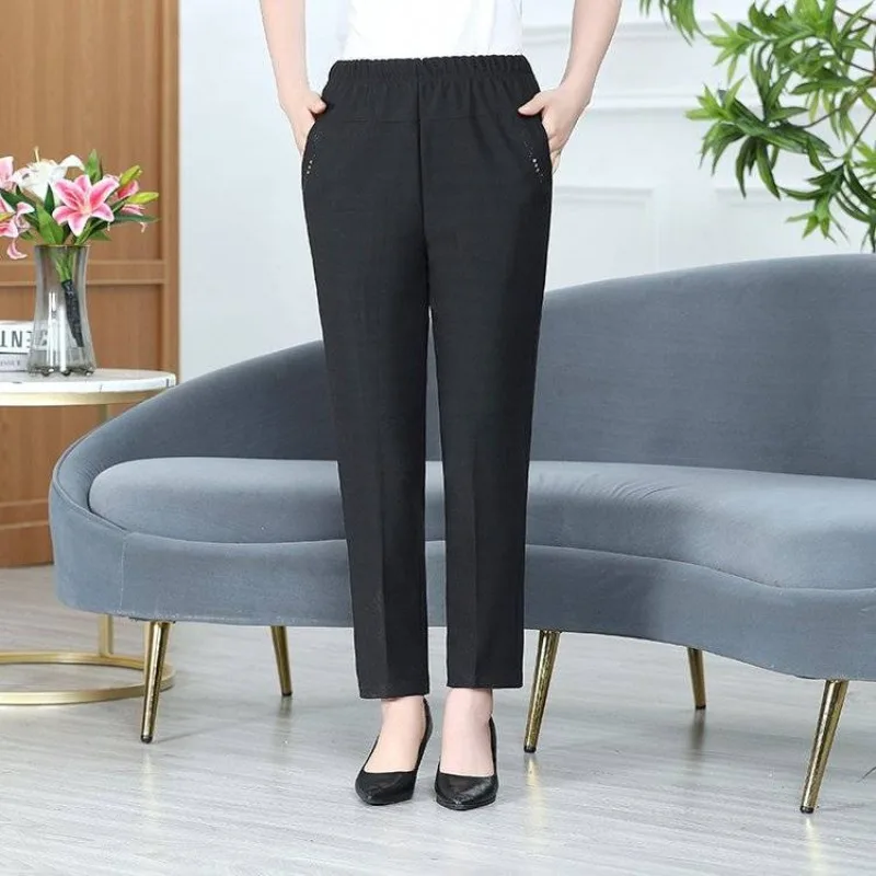 Autumn and Winter Women's Elastic High Waist Button Hot Diamond Solid Color Loose Straight Sleeve Fashion Casual Elegant Pants