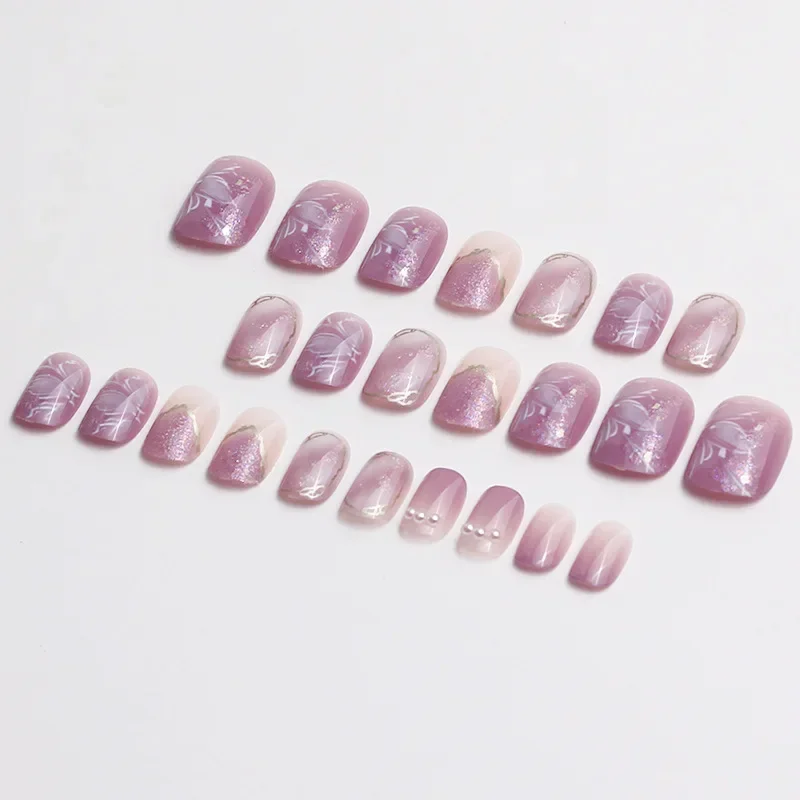 24Pcs Purple Short Round False Nails With Aurora Flower Design Detachable Korean Press On Nails Fake Acrylic Manicure Tips