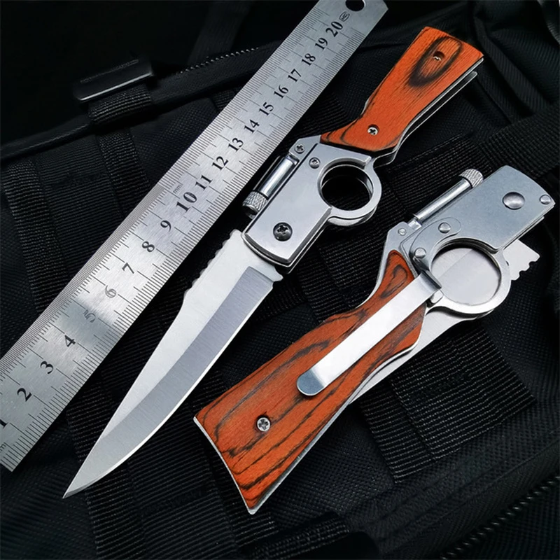 AK47 w kształcie kieszeni nóż taktyczny składane noże drewna uchwyt ze stali nierdzewnej Camping zewnątrz nóż survivalowy narzędzie EDC + LED Light