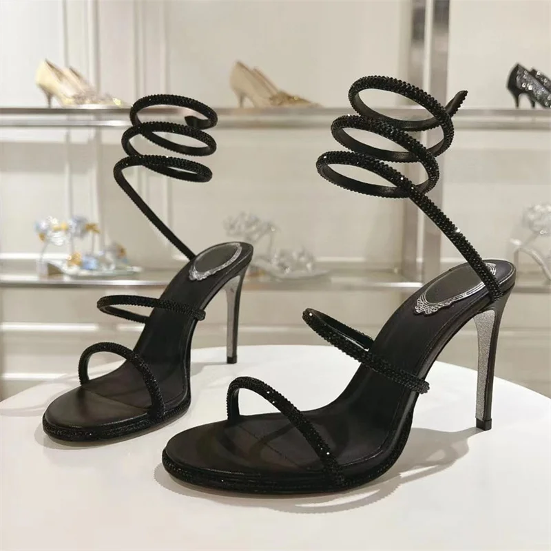 Letnie buty na wysokim obcasie sandały kobieta Rhinestone sznurek wokół kostki wąż buty ślubne kryształowe sandały na obcasie Gladiator kobiety
