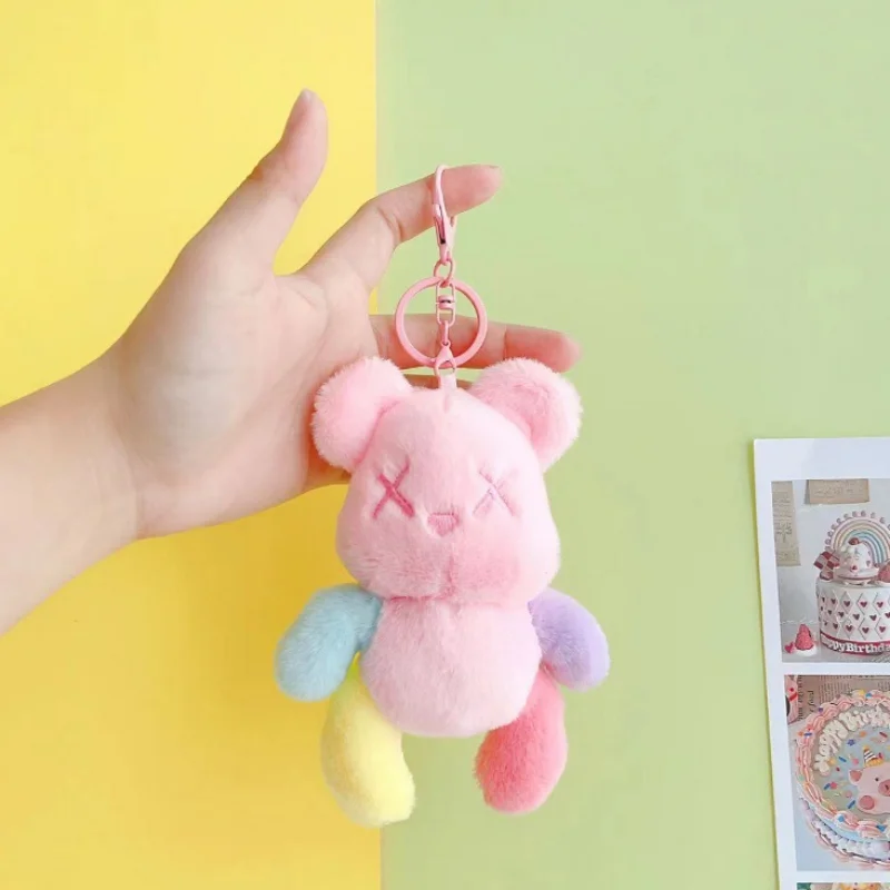 14cm 귀여운 도파민 곰 플러시 키 체인 Kawaii 다채로운 곰 키 체인 동물 열쇠 고리 자동차 키 액세서리 여자 여자 가방 펜던트
