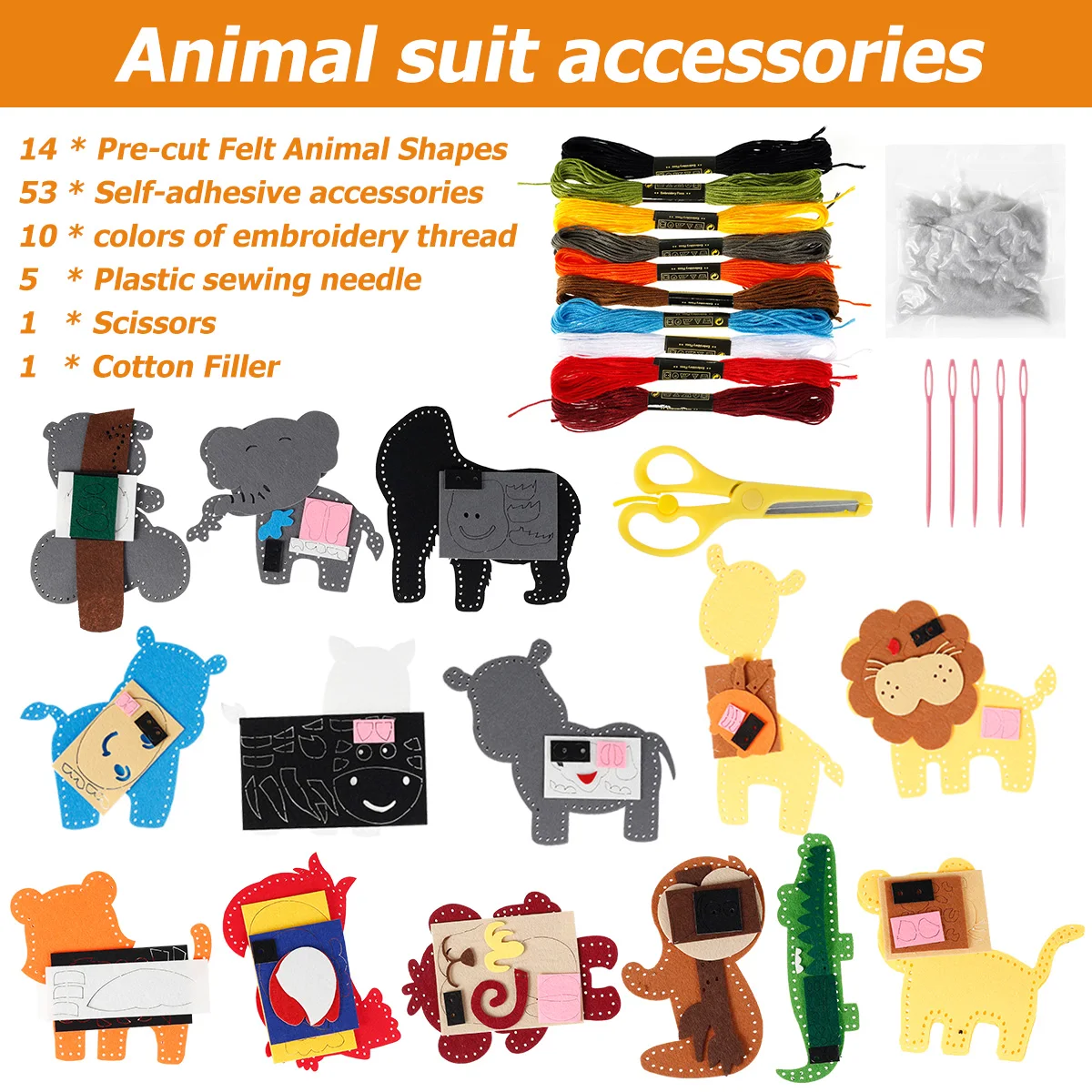 14pcs Jungle Animals Sewing Craft Kit DIY Kids Craft and Sew Set Beginners Sewing Stuffed Animal Felt Plush Ornaments