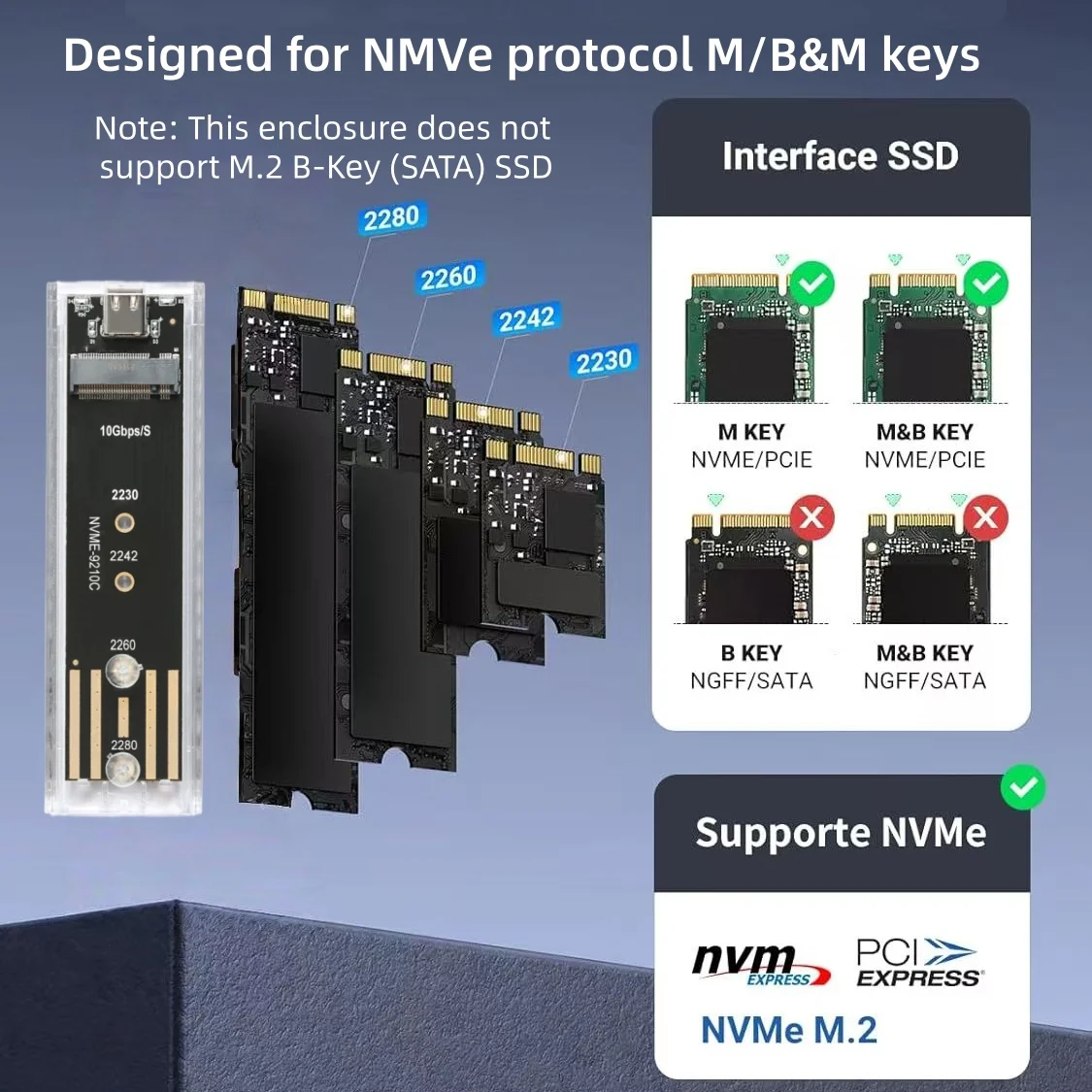 투명한 M.2 NVMe SSD 인클로저 툴프리 USB C 3.1 Gen2 10Gbps - 2230/2242/2260/2280 M2 NVMe SSD용 NVMe PCIe 외부 박스