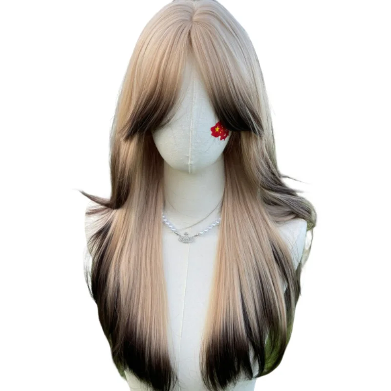 Wig Full Head Set Style Big Waves Siamese Cat Gradient Long Curly Hair in The Middle Parting Eight Imitation Full Real Human Wig