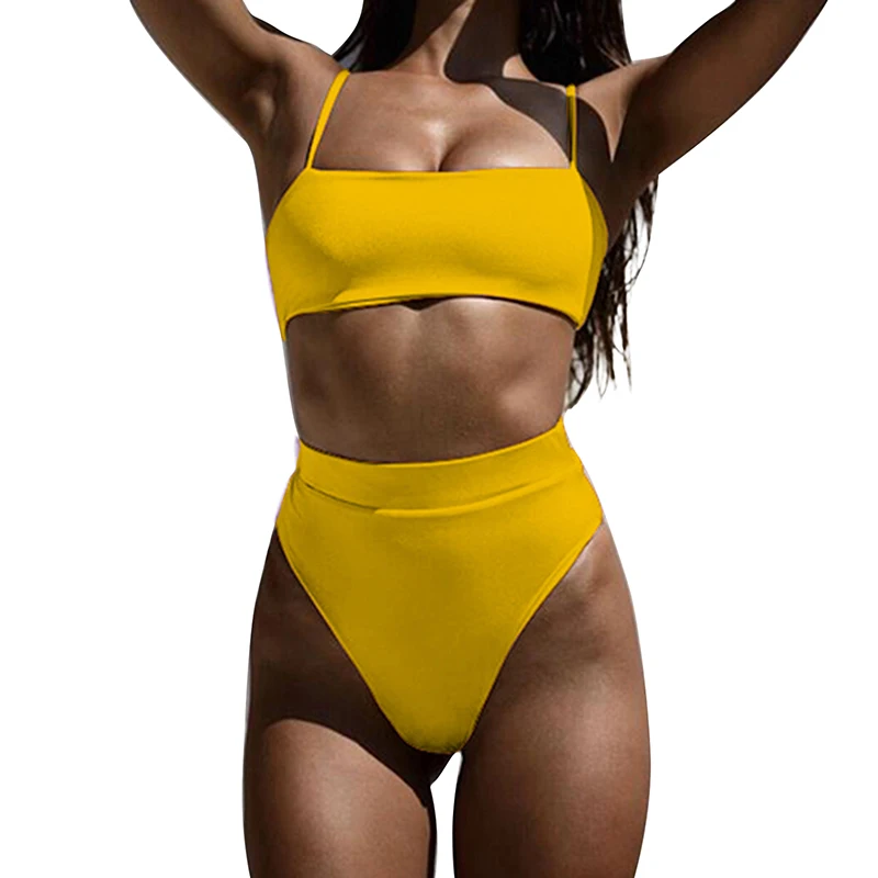 Sexy Solid Padded Bra Spaghetti Strap High Waist Biquini Swimsuit