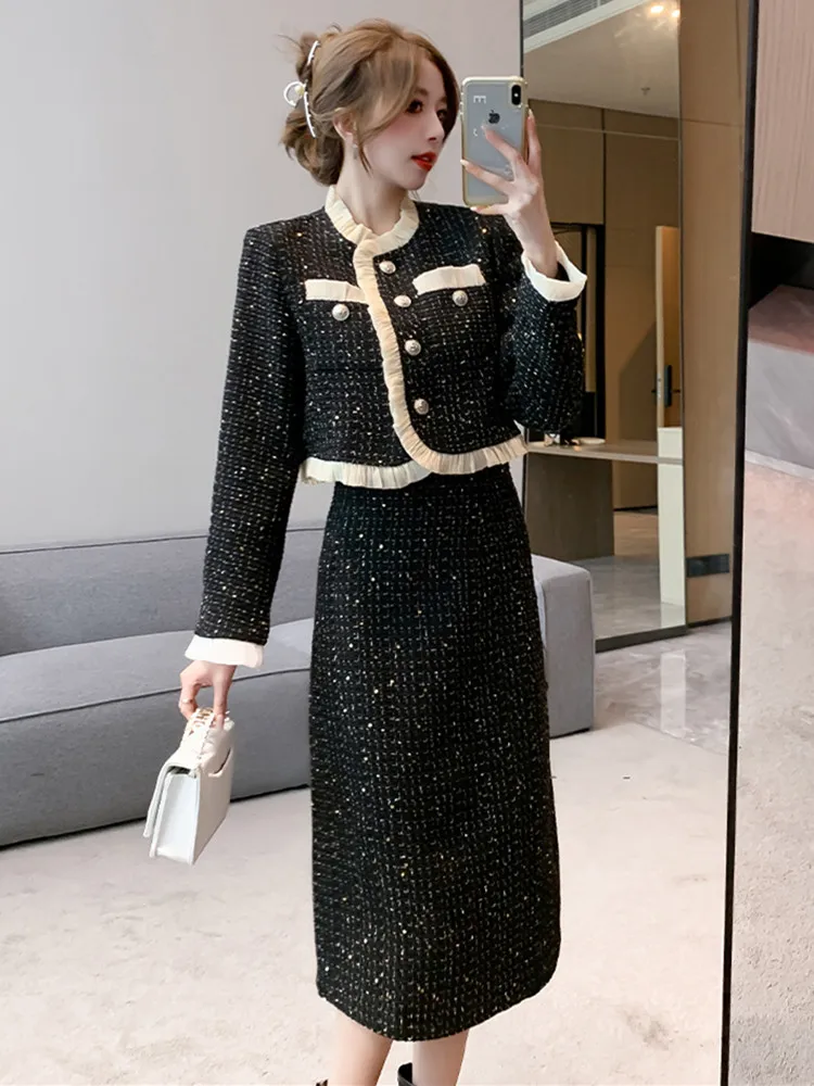 Luxury Fashion Sequins Tweed Two Piece Set Women Outfits Retro