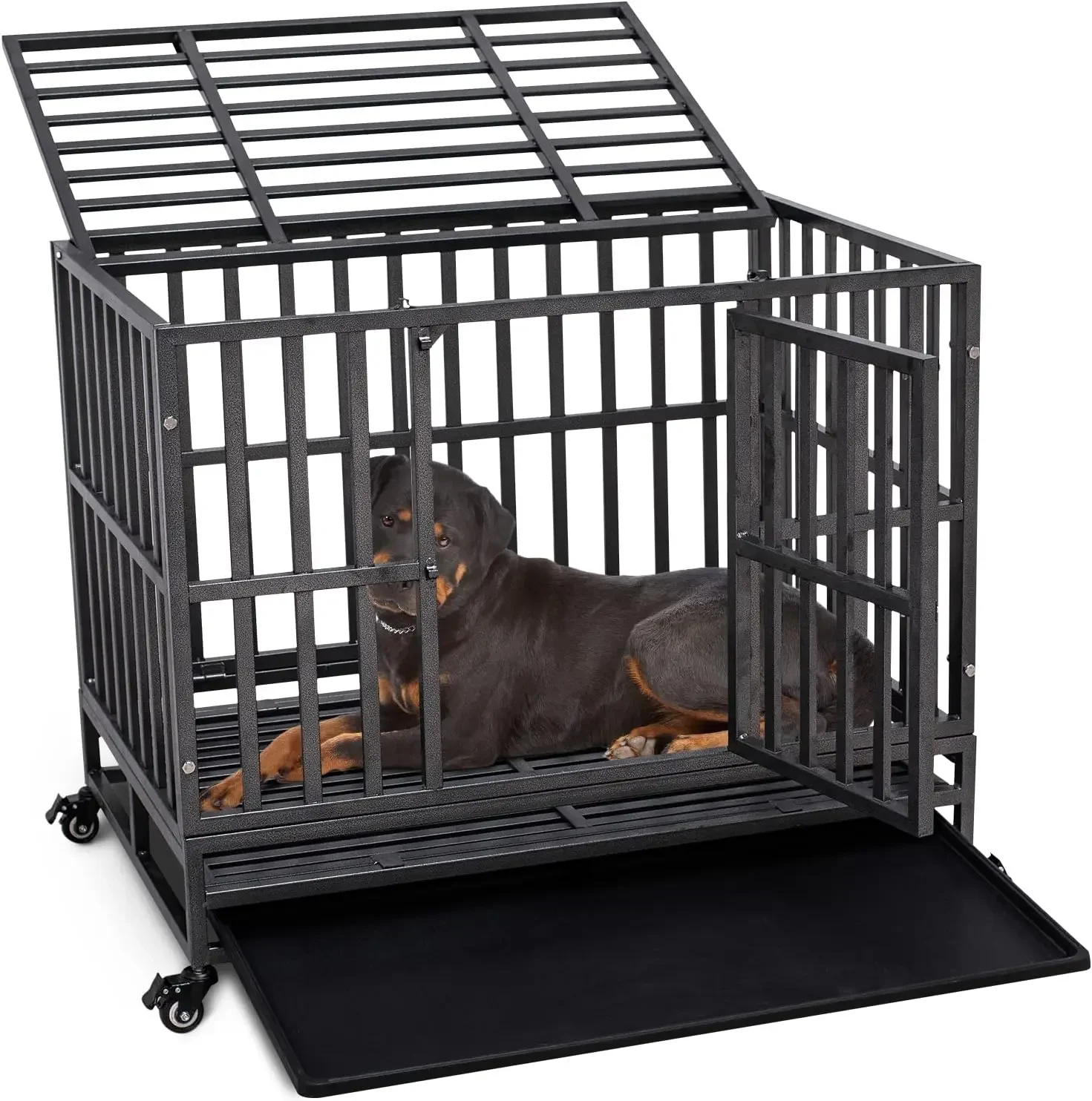 

38 дюймовый сверхпрочный неразрушаемый ящик для собак, металлическая клетка Kenneland для больших собак, устойчивый к ударам ящик для собак с колесами, съемный