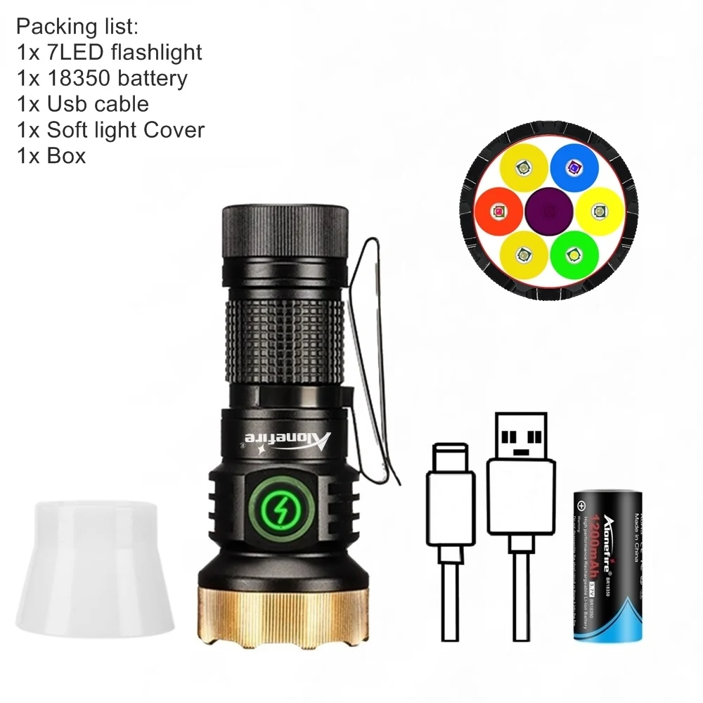 USB充電式ミニ懐中電灯,高輝度,白,赤,緑,青,365nm, UVライト