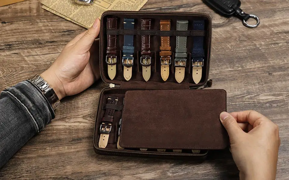3 Slot Uhr Box Handgemachte Uhr Roll Reise Fall Armbanduhr Beutel 100% Kuh Leder Rutschte in Out Organizer Geschenke – Detail 4