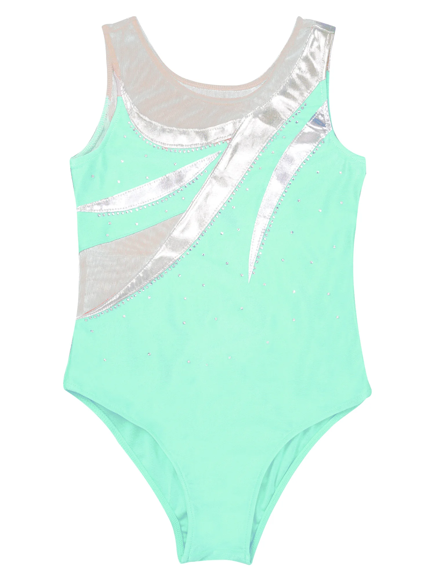 Kids Girls Stylish Clothing Round Neckline Patchwork Style Shiny Rhinestone Bronzing Cloth Gymnastic Skating Dance Leotards