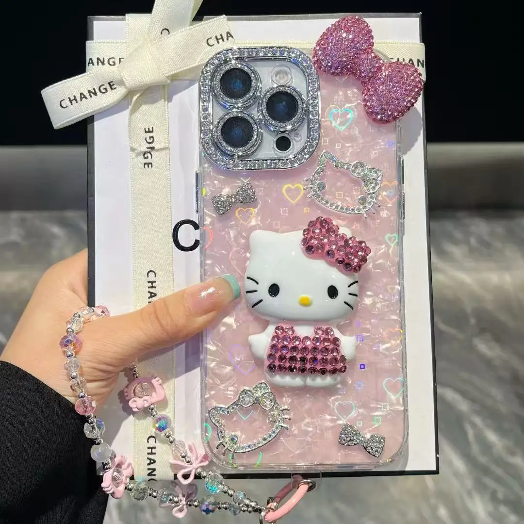 3D Stereoscopic Cute Cartoon Sanrio Hello Kitty Bling Glitter Phone Case For iPhone 17 16 15 14 13 12 11 Pro Max Hard Cover 2