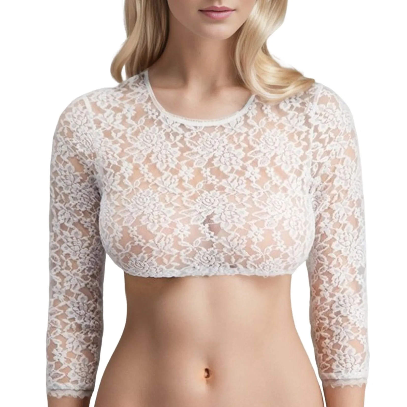 

Women See-through Lace Floral Super-short T-shirt Sheer Mesh Long Sleeve Sexy Crop Tops Soft Blouse Lingerie Clubwear Nightwear