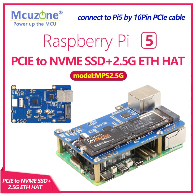 

(MPS2.5G)Raspberry Pi 5 PCIE to NVME SSD+2.5G ETH HAT RTL8125,support RPi OS,ubuntu, 2280,2242,2230 size SSD