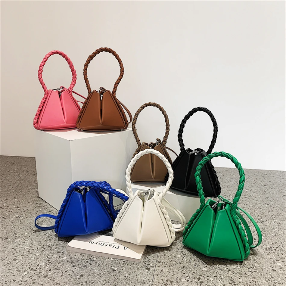 

Rope Handle Mini Weave Shoulder Bags High Fashion Trend Unique design adjustable Women bucket bags commuting single PU leather