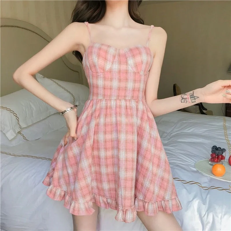 

Pink Plaid Slip Dress Summer Sweet Sleeveless High Waist Brace Skirt 2023 Korean Fashion Girl Cute Spaghetti Strap A-Line Dress
