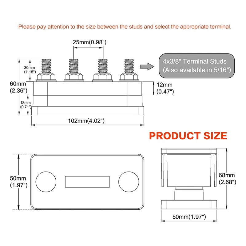 버스 바 고전류 구리 버스 바 터미널 블록, 마린 DC 12V 24V 48V, 커버 포함, 블랙, 2X 600A, 4 스터드 (3/8 인치) M10