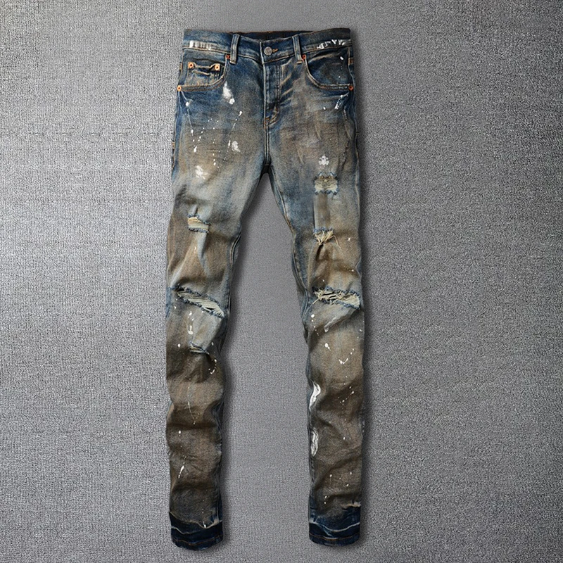

High Quality Splashing Ink Men Pantalon Ripped Hole Design Stretchy Slim Jeans Hip Hop Style Trouser For Men Vaqueros Hombre