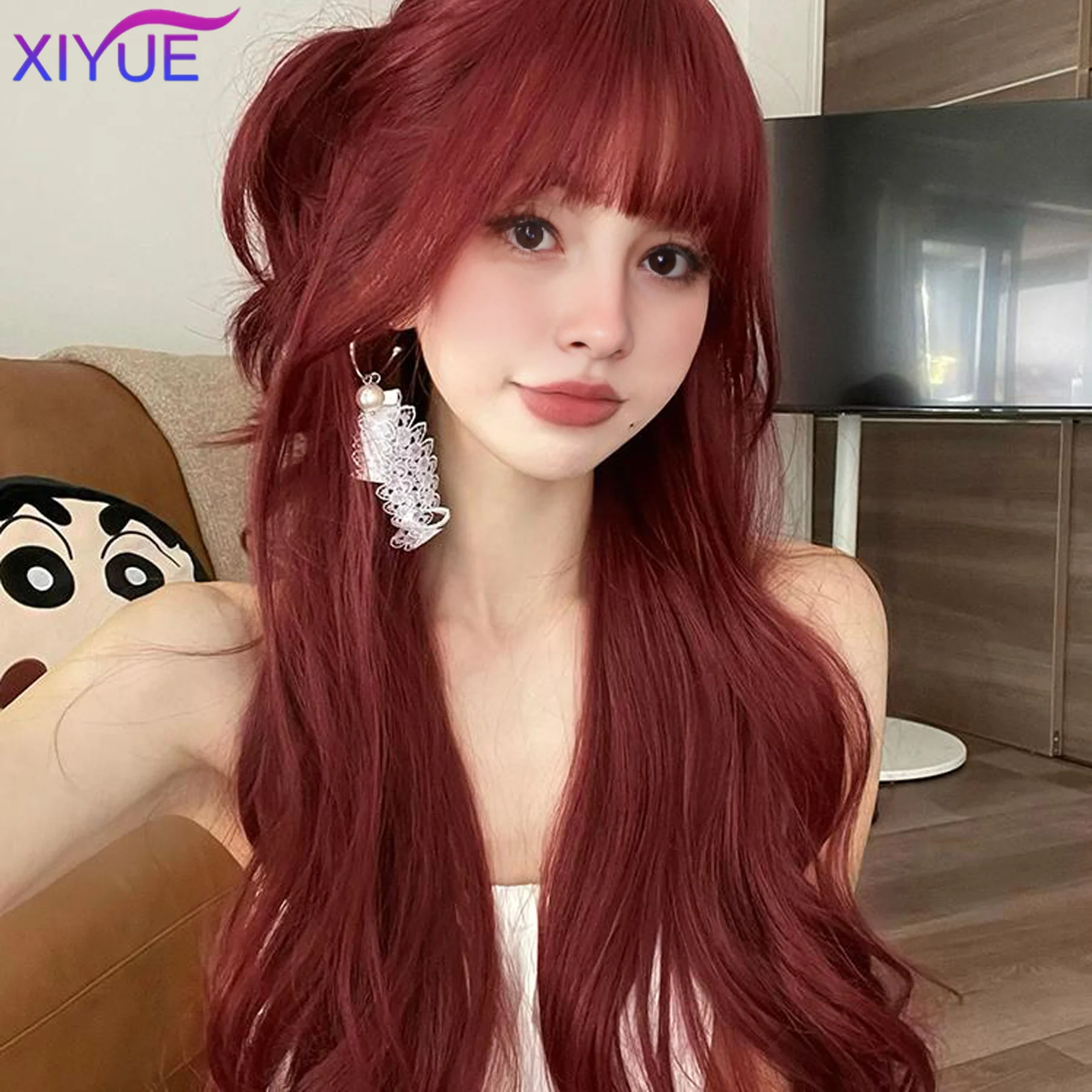 XIYUE 24 Inch Red Curly Wave Synthetic Wig Heat-Resistant Natural Smooth Hair Stylish Party Wigs For Women