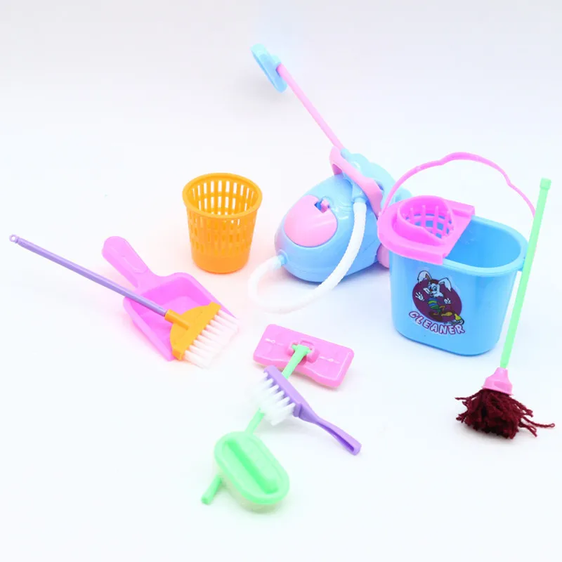 Miniature doll house supplies 9PCS Miniature Doll House Cleaning Supplies Mini Bucket Mop Brush Broom Housework Cute Tool Set Furniture Accessories Kid BJD
