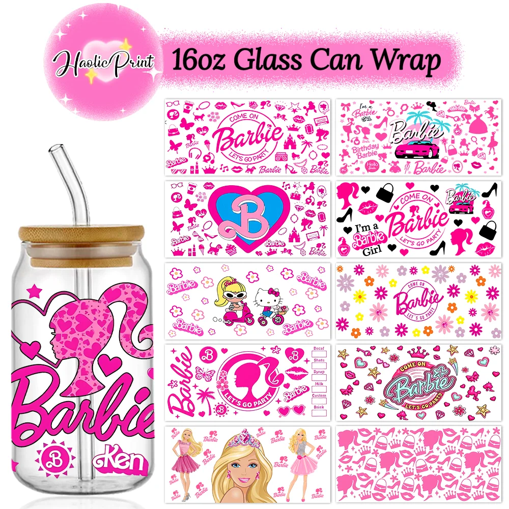 Cup Wraps Pink Doll Barbie UV DTF Adhesive Cup Wrap for 16oz Glass Cup Size Libbey Beer Glass Can UV DTF Sticker cup wraps