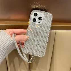 Glamorous Rhinestone Bling Phone Case with Hand Lanyard - Sparkle Glitter Shockproof Design - iPhone 15 Plus (White)