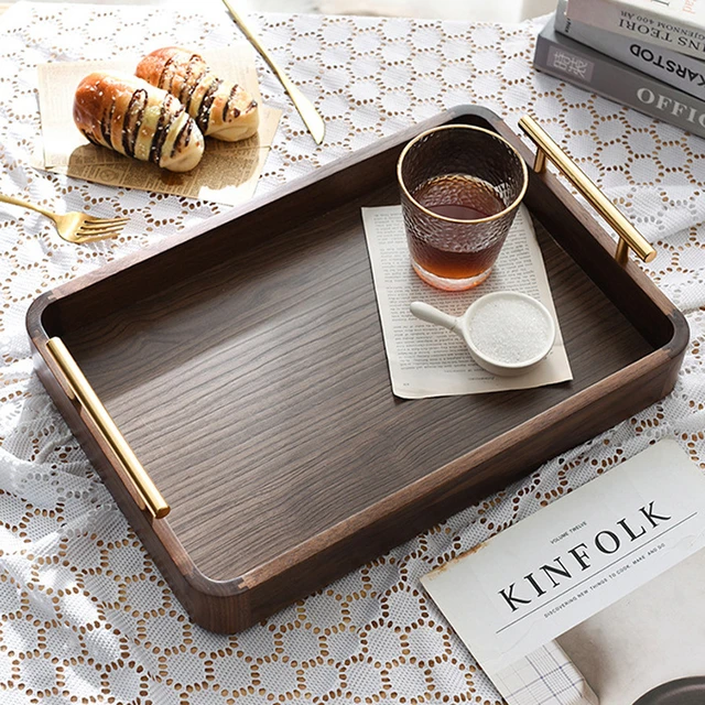 Natural Solid Wood Round Gold Tray Metal Handle Meal Tray Multifunctional Decorative  Tray Thick and Durable Food Tray