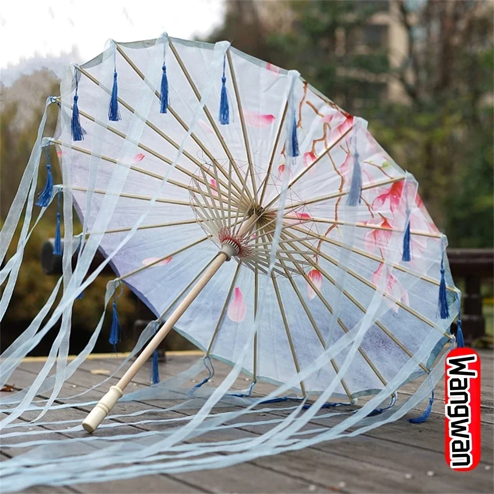 Hanfu Tassel Parasol for Women Silk Cloth Japanese Cherry Blossoms Ancient Dance Decorative Chinese Style Oil Paper Umbrellas
