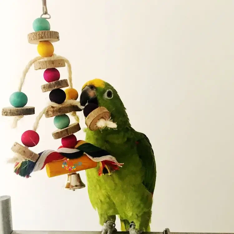 Safe Parrot Chew Toy with Hook Colorful Wooden Beads Ropes Natural Blocks Tearing Toys for Small Medium Birds Mini Macaw